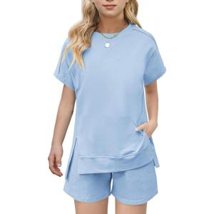 Arshiner Girls 2 Piece Outfit Summer Short Sleeve Loose Fit T-Shirt and Shorts Set Casual Activewear High-Low Hem Sweatshirt(Lgiht Blue)