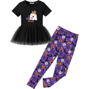 Arshiner Girls 2 Piece Outfits Casual Clothing Sets Short Sleeve Mesh Hem Roundneck Tops and Leggings Pants 2-10 Years(Black&halloween)
