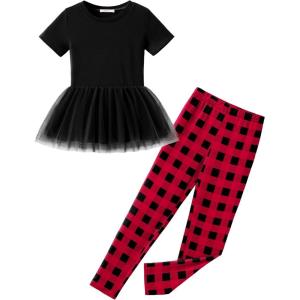 Arshiner Girls 2 Piece Outfits Casual Clothing Sets Short Sleeve Mesh Hem Roundneck Tops and Leggings Pants 2-10 Years(Black&red Checkboard)