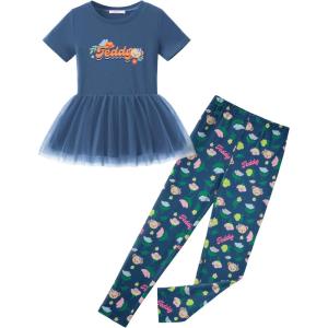Arshiner Girls 2 Piece Outfits Casual Clothing Sets Short Sleeve Mesh Hem Roundneck Tops and Leggings Pants 2-10 Years(Navy Blue&print)