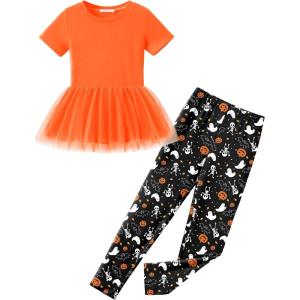 Arshiner Girls 2 Piece Outfits Casual Clothing Sets Short Sleeve Mesh Hem Roundneck Tops and Leggings Pants 2-10 Years(Orange&halloween)