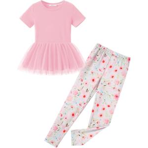 Arshiner Girls 2 Piece Outfits Casual Clothing Sets Short Sleeve Mesh Hem Roundneck Tops and Leggings Pants 2-10 Years(Pink&floral)