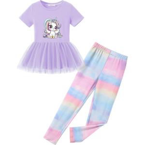 Arshiner Girls 2 Piece Outfits Casual Clothing Sets Short Sleeve Mesh Hem Roundneck Tops and Leggings Pants 2-10 Years(Purple&tie Dye)