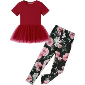 Arshiner Girls 2 Piece Outfits Casual Clothing Sets Short Sleeve Mesh Hem Roundneck Tops and Leggings Pants 2-10 Years(Red&floral)