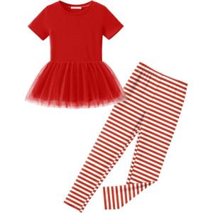 Arshiner Girls 2 Piece Outfits Casual Clothing Sets Short Sleeve Mesh Hem Roundneck Tops and Leggings Pants 2-10 Years(Red&stripe)