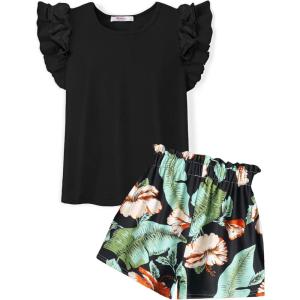 Arshiner Girls 2 Piece Outfits Summer Clothes Ruffle Short Sleeve Shirts Top and High Waist Paper Bag Shorts Set with Pockets(Black-hawaii Flower)