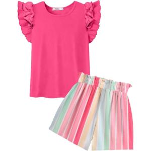 Arshiner Girls 2 Piece Outfits Summer Clothes Ruffle Short Sleeve Shirts Top and High Waist Paper Bag Shorts Set with Pockets(Hot Pink-strips)