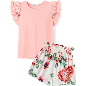 Arshiner Girls 2 Piece Outfits Summer Clothes Ruffle Short Sleeve Shirts Top and High Waist Paper Bag Shorts Set with Pockets(Pink-flower)