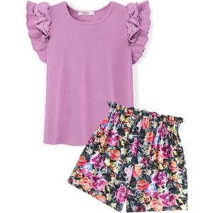 Arshiner Girls 2 Piece Outfits Summer Clothes Ruffle Short Sleeve Shirts Top and High Waist Paper Bag Shorts Set with Pockets(Purple-flower)