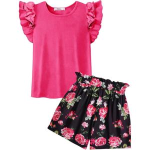 Arshiner Girls 2 Piece Outfits Summer Clothes Ruffle Short Sleeve Shirts Top and High Waist Paper Bag Shorts Set with Pockets(Rose Red-flower)