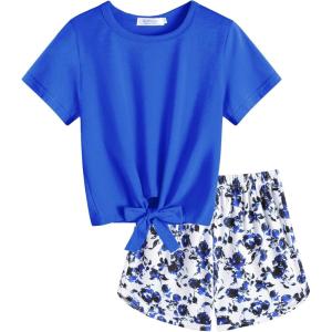 Arshiner Girls 2 Piece Outfits Summer Clothes Short Sleeve Tops and Paperbag Waist Shorts Set Cute Outfits 5-14(Blue Flower)