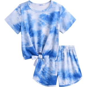 Arshiner Girls 2 Piece Outfits Summer Clothes Short Sleeve Tops and Paperbag Waist Shorts Set Cute Outfits 5-14(Blue Tie Dye)