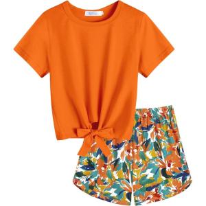 Arshiner Girls 2 Piece Outfits Summer Clothes Short Sleeve Tops and Paperbag Waist Shorts Set Cute Outfits 5-14(Orange Flower)