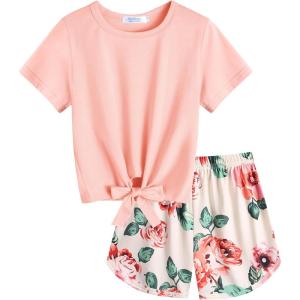 Arshiner Girls 2 Piece Outfits Summer Clothes Short Sleeve Tops and Paperbag Waist Shorts Set Cute Outfits 5-14(Pink Flower)