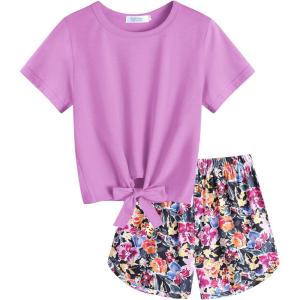 Arshiner Girls 2 Piece Outfits Summer Clothes Short Sleeve Tops and Paperbag Waist Shorts Set Cute Outfits 5-14(Purple Flower)