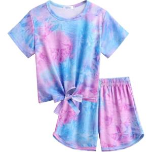 Arshiner Girls 2 Piece Outfits Summer Clothes Short Sleeve Tops and Paperbag Waist Shorts Set Cute Outfits 5-14(Purple&blue)