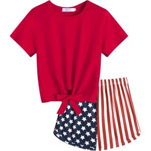 Arshiner Girls 2 Piece Outfits Summer Clothes Short Sleeve Tops and Paperbag Waist Shorts Set Cute Outfits 5-14(Red)