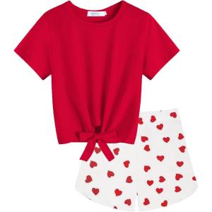 Arshiner Girls 2 Piece Outfits Summer Clothes Short Sleeve Tops and Paperbag Waist Shorts Set Cute Outfits 5-14(Red &Heart Print)