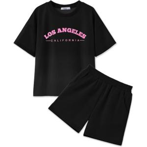 Arshiner Girls 2 Piece Outfits Summer Clothes Short Sleeve Tops and Short with Pockets Kids Fashion Clothing Sets(Black)