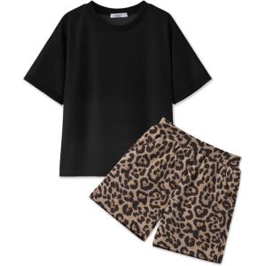 Arshiner Girls 2 Piece Outfits Summer Clothes Short Sleeve Tops and Short with Pockets Kids Fashion Clothing Sets(Leopard)