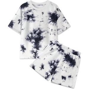 Arshiner Girls 2 Piece Outfits Summer Clothes Short Sleeve Tops and Short with Pockets Kids Fashion Clothing Sets(Tie Dye_black)