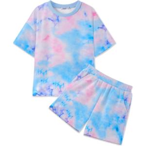 Arshiner Girls 2 Piece Outfits Summer Clothes Short Sleeve Tops and Short with Pockets Kids Fashion Clothing Sets(Tie Dye_blue Pink Purple)