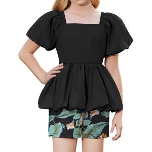 Arshiner Girls 2 Piece Outfits Summer Clothes Square Neck Puffed Sleeve Bubble Hem Tops Shirt and Casual Short Set(Black-hawaii Flower)