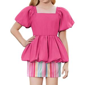 Arshiner Girls 2 Piece Outfits Summer Clothes Square Neck Puffed Sleeve Bubble Hem Tops Shirt and Casual Short Set(Hot Pink-strips)