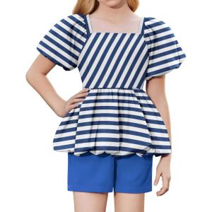 Arshiner Girls 2 Piece Outfits Summer Clothes Square Neck Puffed Sleeve Bubble Hem Tops Shirt and Casual Short Set(Navy-strips)