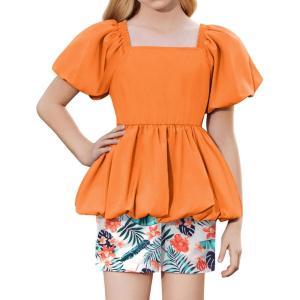 Arshiner Girls 2 Piece Outfits Summer Clothes Square Neck Puffed Sleeve Bubble Hem Tops Shirt and Casual Short Set(Orange-print)
