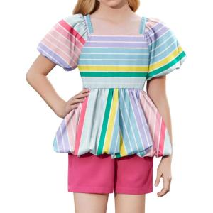 Arshiner Girls 2 Piece Outfits Summer Clothes Square Neck Puffed Sleeve Bubble Hem Tops Shirt and Casual Short Set(Rose Red-stripes)
