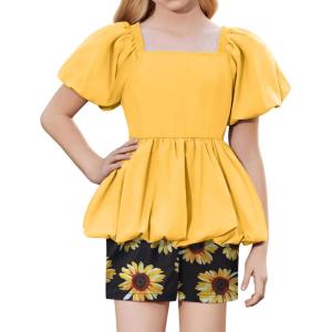 Arshiner Girls 2 Piece Outfits Summer Clothes Square Neck Puffed Sleeve Bubble Hem Tops Shirt and Casual Short Set(Yellow-sunflower)