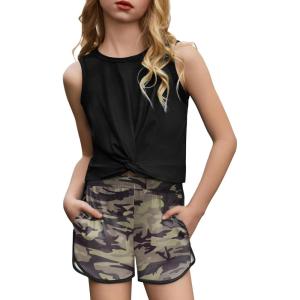 Arshiner Girls 2 Piece Outfits Summer Clothes Twist Front Tank Top and Active Short with Pockets Kids Clothing Sets(Camouflage)
