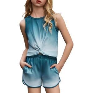 Arshiner Girls 2 Piece Outfits Summer Clothes Twist Front Tank Top and Active Short with Pockets Kids Clothing Sets(Tie Dye_green)