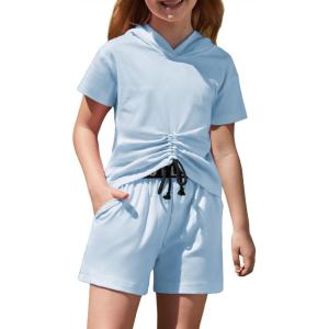 Arshiner Girls 2 Piece Outfits Summer Clothing Sets Short Sleeve Drawstring Hoodie T-Shirt and Letter Print Waist Short(Blue)