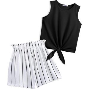 Arshiner Girl’s 2 Piece Outfits Summer Tie Knot Tank Top and Paperbag Waist Pocketed Short Sets(Black and White Striped)