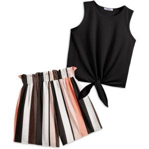 Arshiner Girl’s 2 Piece Outfits Summer Tie Knot Tank Top and Paperbag Waist Pocketed Short Sets(Color Striped)