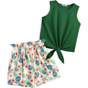 Arshiner Girl’s 2 Piece Outfits Summer Tie Knot Tank Top and Paperbag Waist Pocketed Short Sets(Green Leaves)