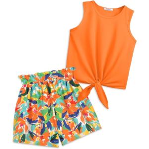 Arshiner Girl’s 2 Piece Outfits Summer Tie Knot Tank Top and Paperbag Waist Pocketed Short Sets(Orange)