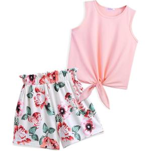 Arshiner Girl’s 2 Piece Outfits Summer Tie Knot Tank Top and Paperbag Waist Pocketed Short Sets(Pink Flower)