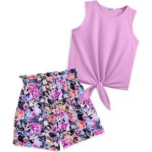 Arshiner Girl’s 2 Piece Outfits Summer Tie Knot Tank Top and Paperbag Waist Pocketed Short Sets(Purple Flower)
