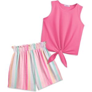 Arshiner Girl’s 2 Piece Outfits Summer Tie Knot Tank Top and Paperbag Waist Pocketed Short Sets(Rainbow Colored Stripe)