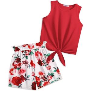 Arshiner Girl’s 2 Piece Outfits Summer Tie Knot Tank Top and Paperbag Waist Pocketed Short Sets(Red Pink Flower)
