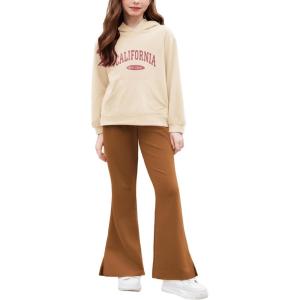 Arshiner Girls 2 Piece Outfits Sweatsuits Sets Kangaroo Pocket Long Sleeve Hooded Sweatshirt with Flare Sweatpants Sets(Beige & Brown)