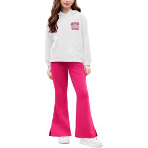 Arshiner Girls 2 Piece Outfits Sweatsuits Sets Kangaroo Pocket Long Sleeve Hooded Sweatshirt with Flare Sweatpants Sets(White & Rose Red)