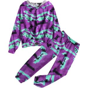 Arshiner Girl’s 2 Piece Outfits Tie-dye Twist Front Pullover Hooded Sweatsuits Sweatshirt and Sweatpants Clothing Set(Black & Green & Purple)