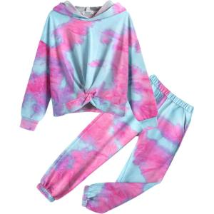 Arshiner Girl’s 2 Piece Outfits Tie-dye Twist Front Pullover Hooded Sweatsuits Sweatshirt and Sweatpants Clothing Set(Blue & Pink)