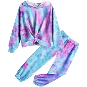 Arshiner Girl’s 2 Piece Outfits Tie-dye Twist Front Pullover Hooded Sweatsuits Sweatshirt and Sweatpants Clothing Set(Blue & Purple)