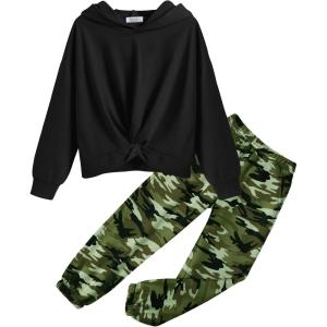 Arshiner Girl’s 2 Piece Outfits Tie-dye Twist Front Pullover Hooded Sweatsuits Sweatshirt and Sweatpants Clothing Set(Camouflage)
