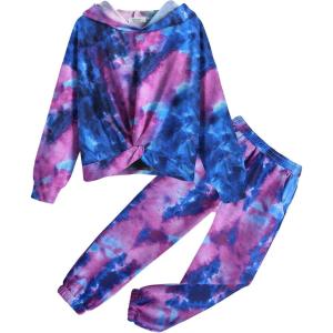 Arshiner Girl’s 2 Piece Outfits Tie-dye Twist Front Pullover Hooded Sweatsuits Sweatshirt and Sweatpants Clothing Set(Dark Blue & Dark Purple & Light Blue)